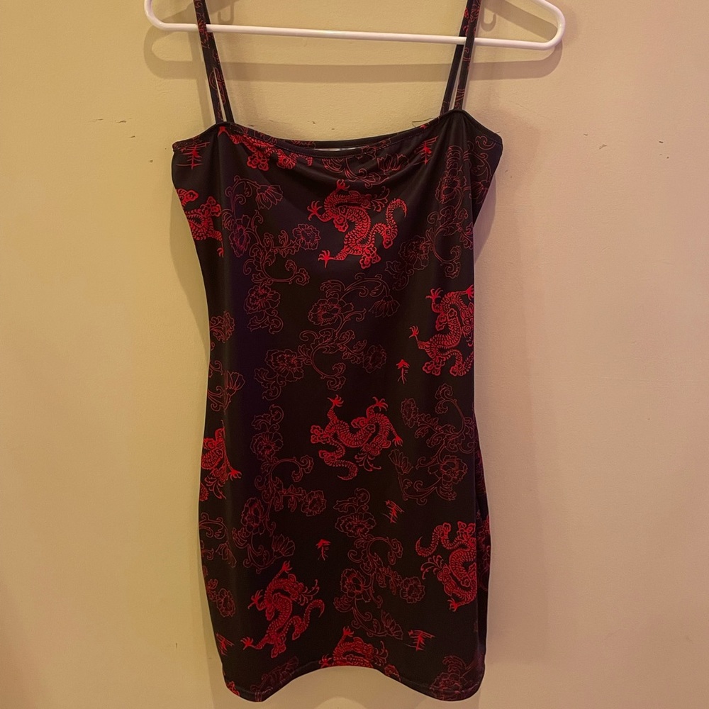 red and black dragon bodycon dress